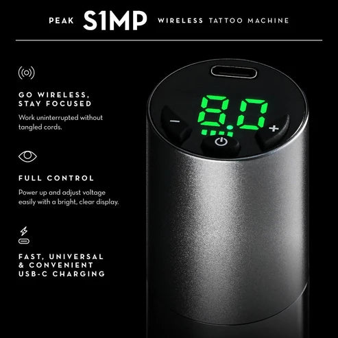 Peak S1-MP Wireless Tattoo Machine – 3.5mm Stroke, USB-C, Aluminum Body